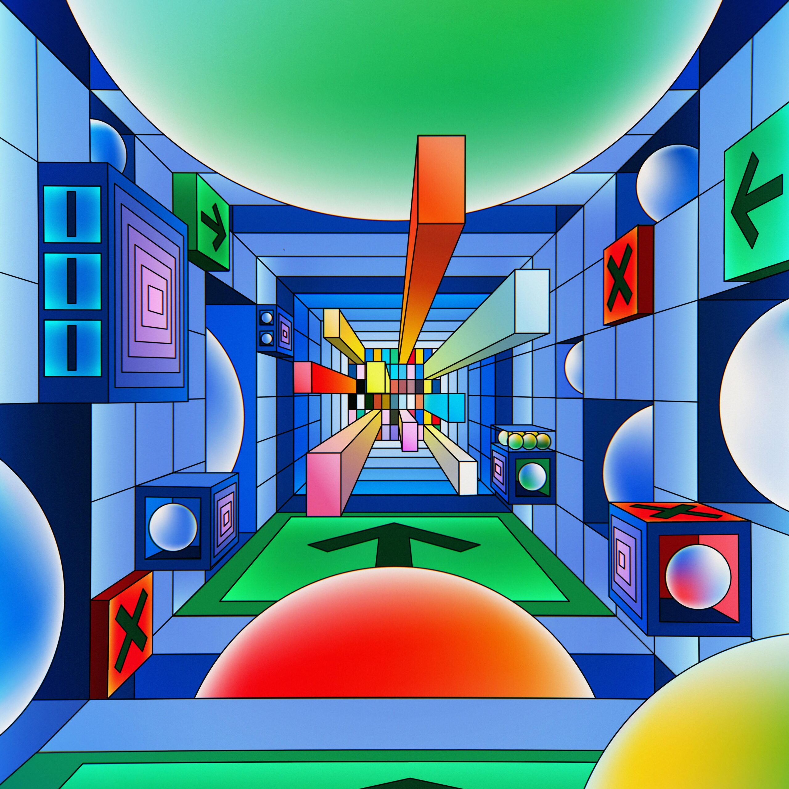 Vibrant abstract geometric digital art with 3D elements and a dynamic perspective.